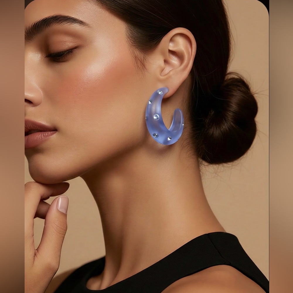 Blue Lucite Hoop Earrings with Swarovski Crystal - Picture 1 of 3
